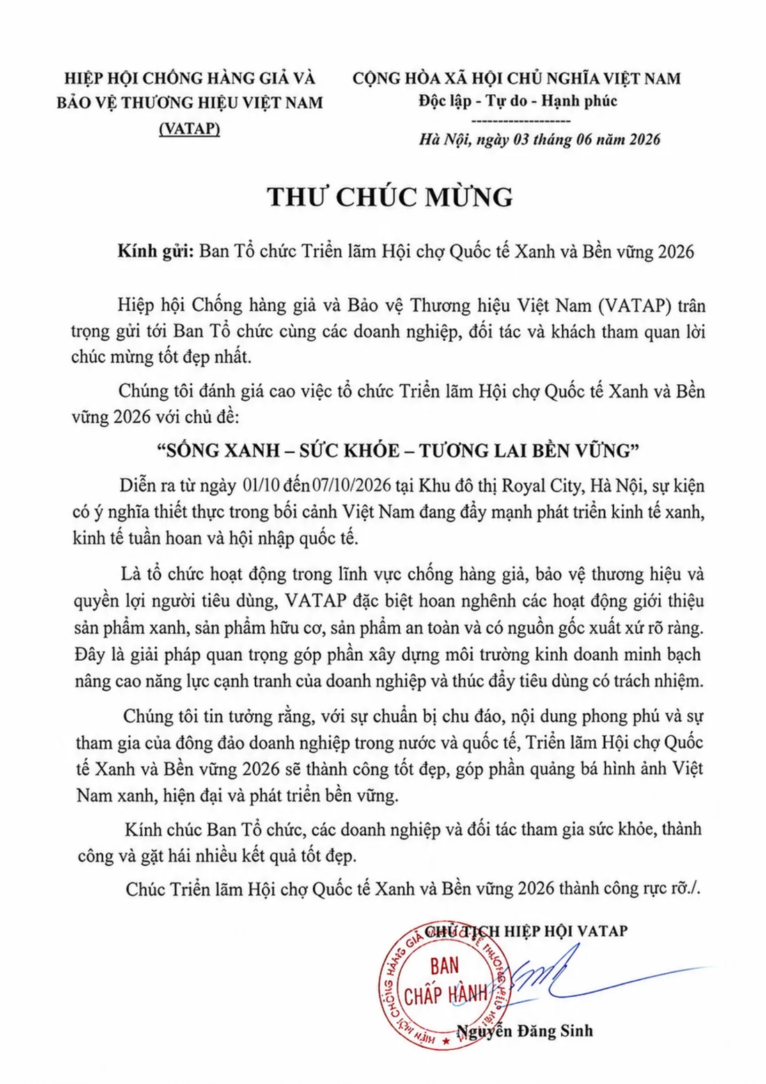 Thư chúc mừng sự kiện